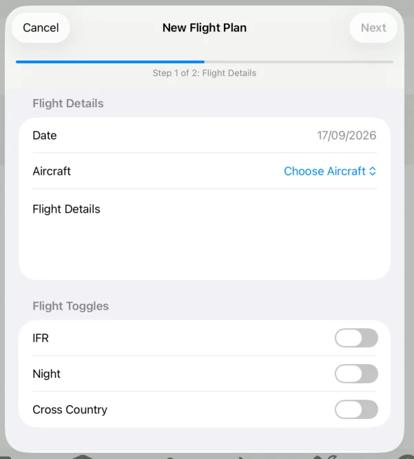 new flight plan modal